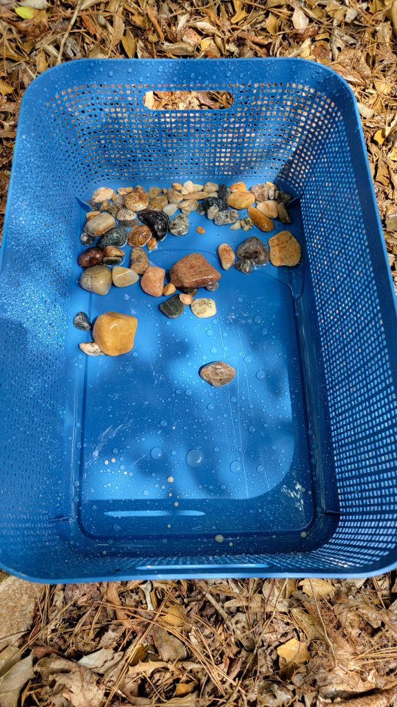Rocks rinsed in a blue basket after a cycle in the custom rock tumbler.