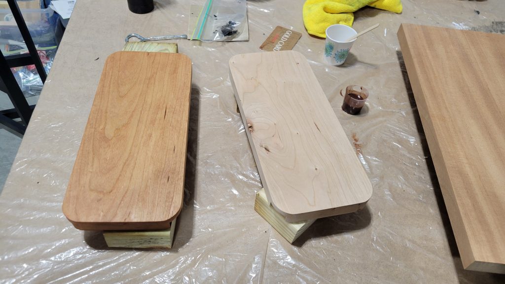 Hardwood shelf finish underway.
