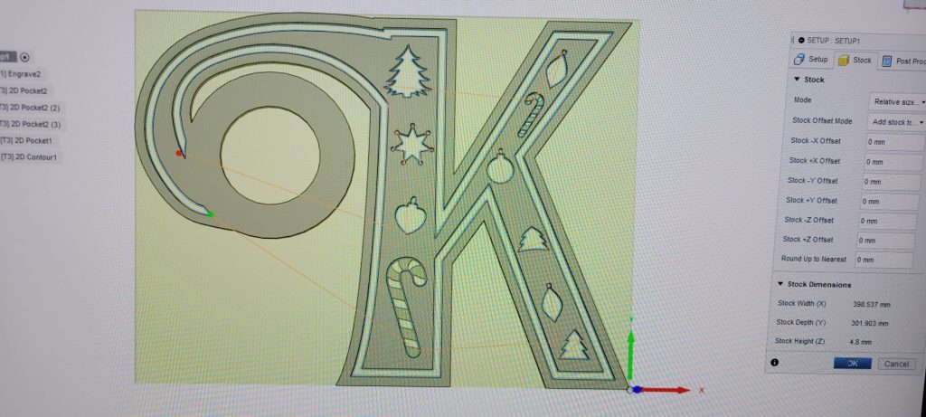 Fusion 360 CAM setup for the monogram K Christmas clock