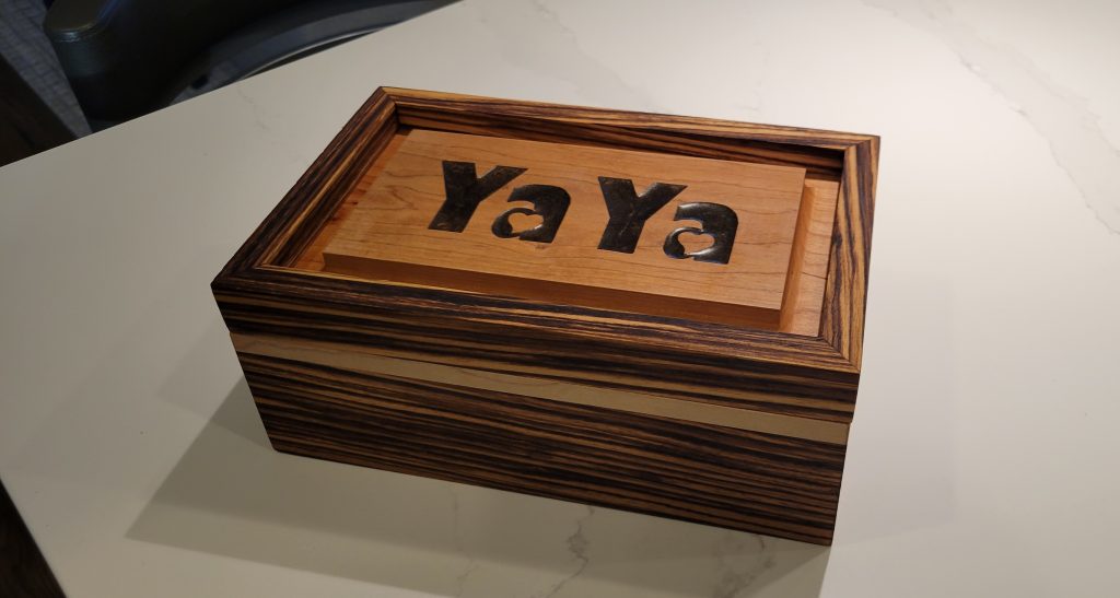 Finished Zebrawood Christmas gift box with maple accent and CNC engraved YaYa lid