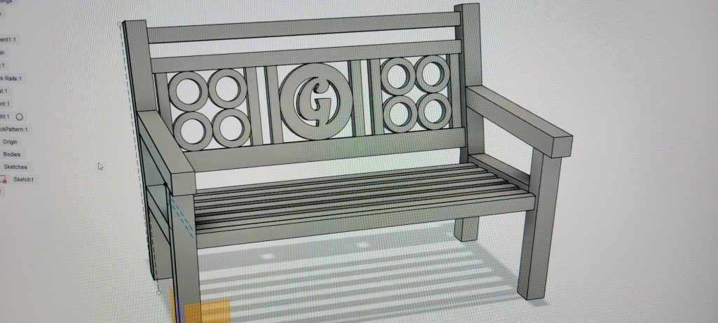 Fusion 360 model of the front porch bench with G monogram and circle backrest details
