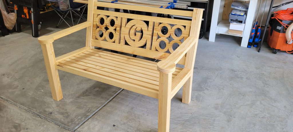 Raw pine front porch bench assembled in the shop before finishing