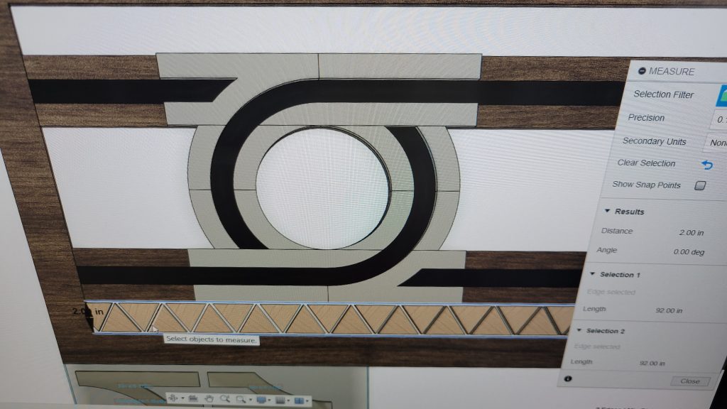 Computer layout for the walnut entry table top pattern with circular and triangle inlay details