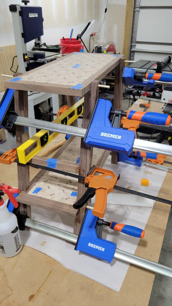 Side table frame clamped upright while the glue set.