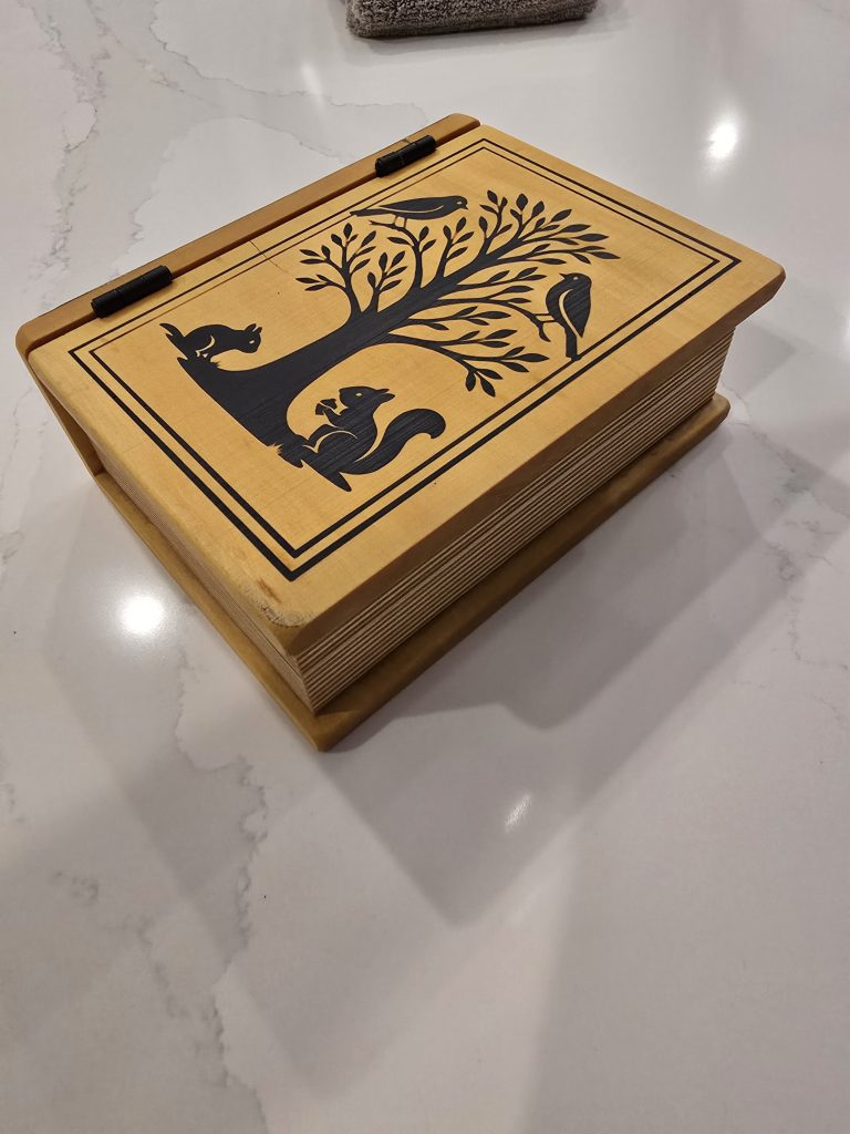 Angled view of the finished yellowheart book box showing the front-cover engraving, black hinges, and page-like side detail.