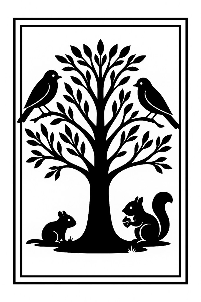 ChatGPT-generated black and white front cover vector template for the v-carved tree, birds, and squirrel artwork.