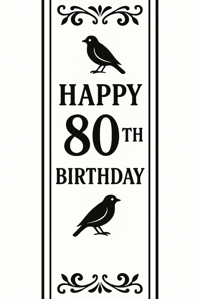 ChatGPT-generated black and white birthday spine vector template for the v-carved Happy 80th Birthday side panel.