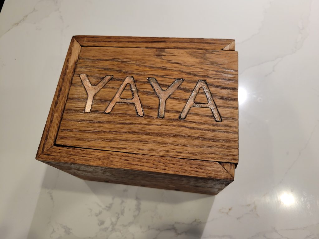 Finished wooden recipe box and sliding YaYa lid viewed from an angle