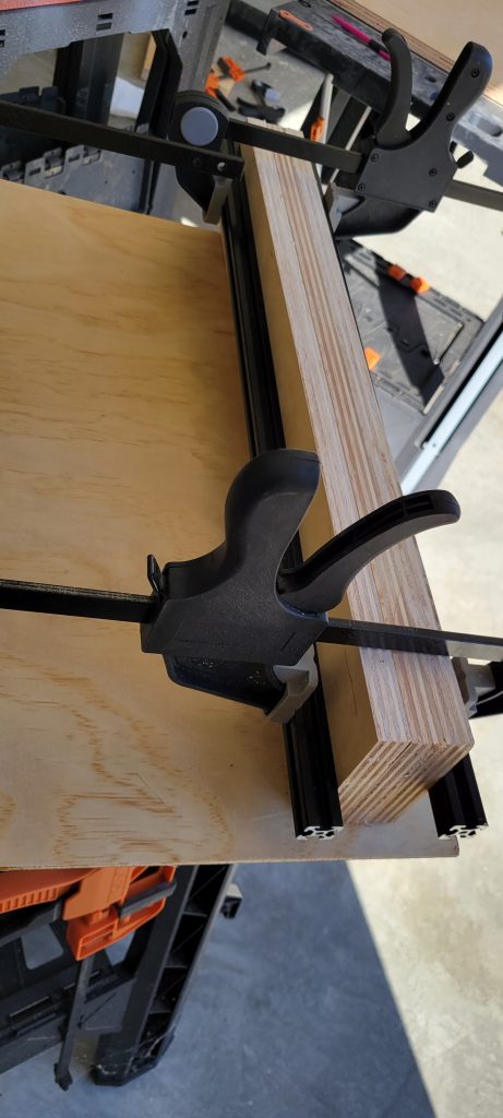 Plywood base clamped while laying out the crosscut sled.