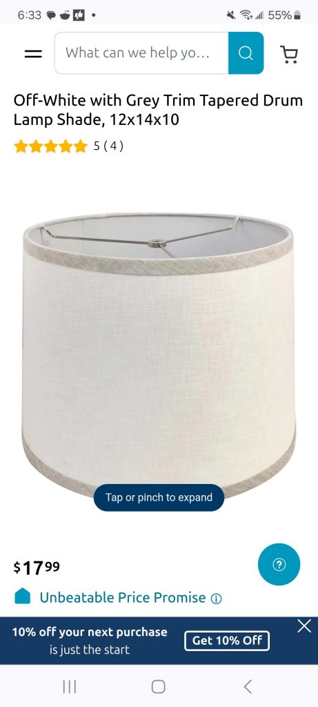Screenshot of the purchased tapered drum lamp shade from At Home.