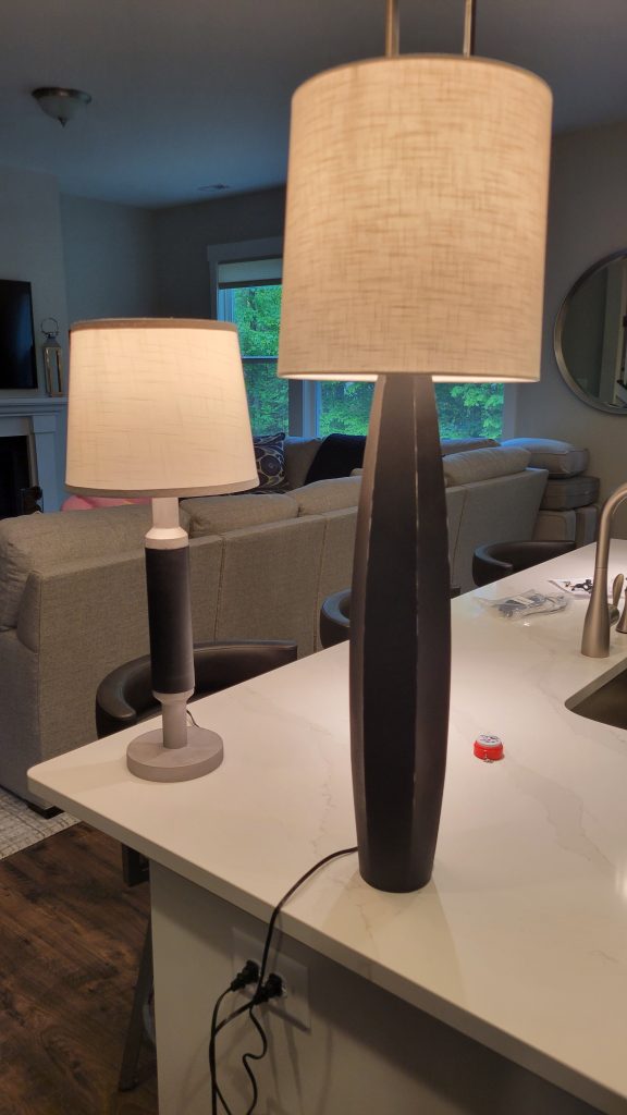 Finished hall lamp sitting on the entry hall table.