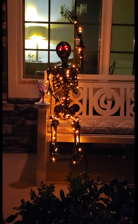 Matte black skeleton sitting on the bench